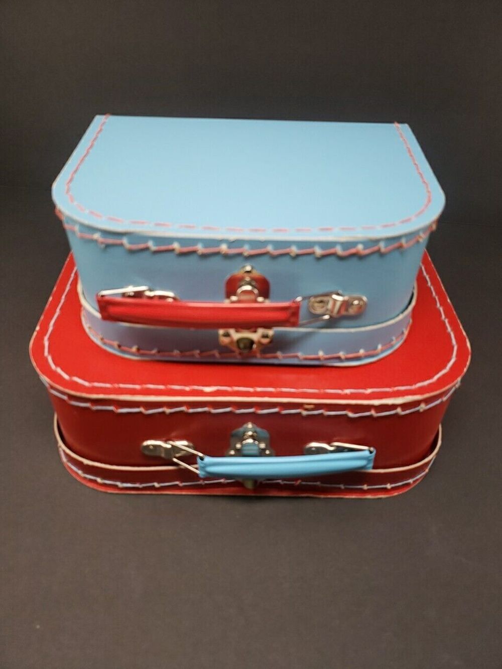 Two European Mini Suitcases for Toys or Doll Clothes Red Blue Metal Handle Clasp